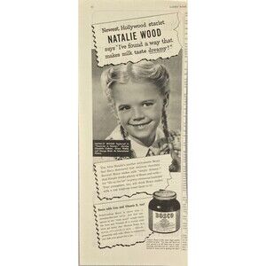 BOSCO Milk Amplifier "Natalie Wood Says Makes Milk Taste Dreamy!" Print Ad 1946